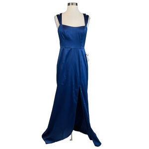 XSCAPE Satin Double Strap Long Column Evening Gown Blue Size 4 Formal Dress